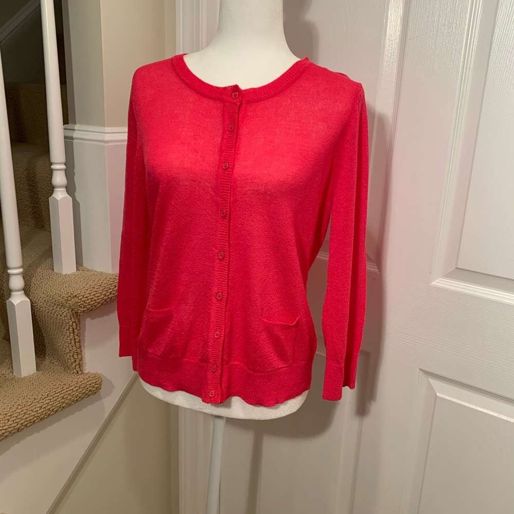Cardigan, hot pink, light weight nubby weave